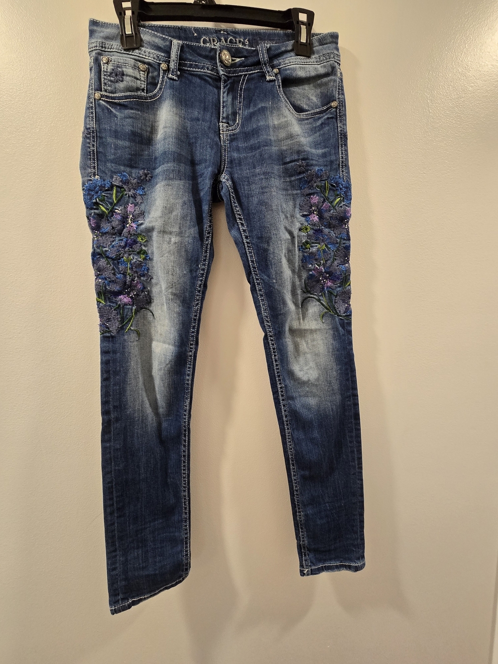 Grace in LA Blue Skinny Jeans with Purple Floral Embroidery
